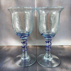 Hand Blown Crackle Glass Goblet Drinking Glasses Set 2 Clear Blue Swirl Goblets
